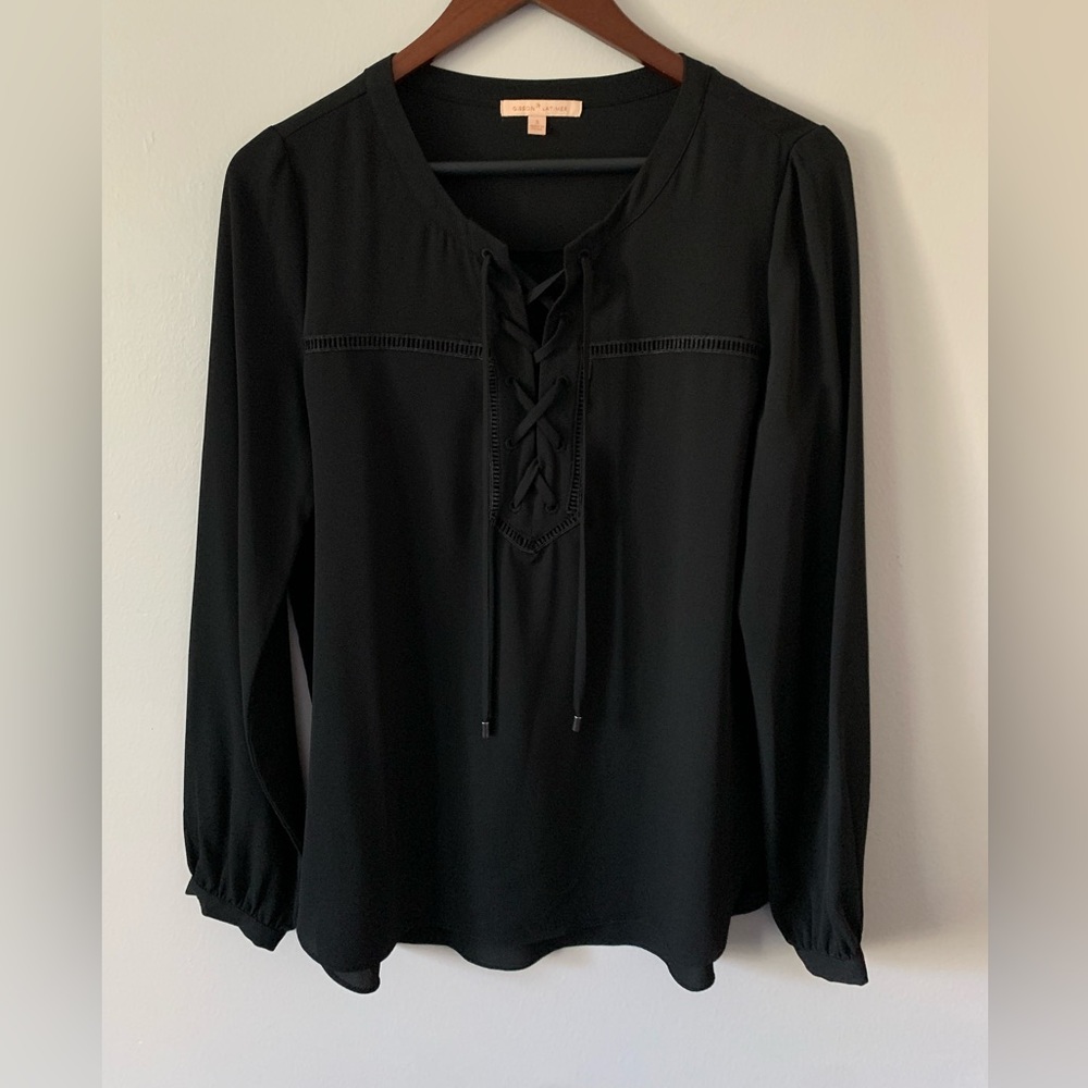 Gibson Latimer Long Sleeve Black Sheer Front Tie Lightweight Blouse Small